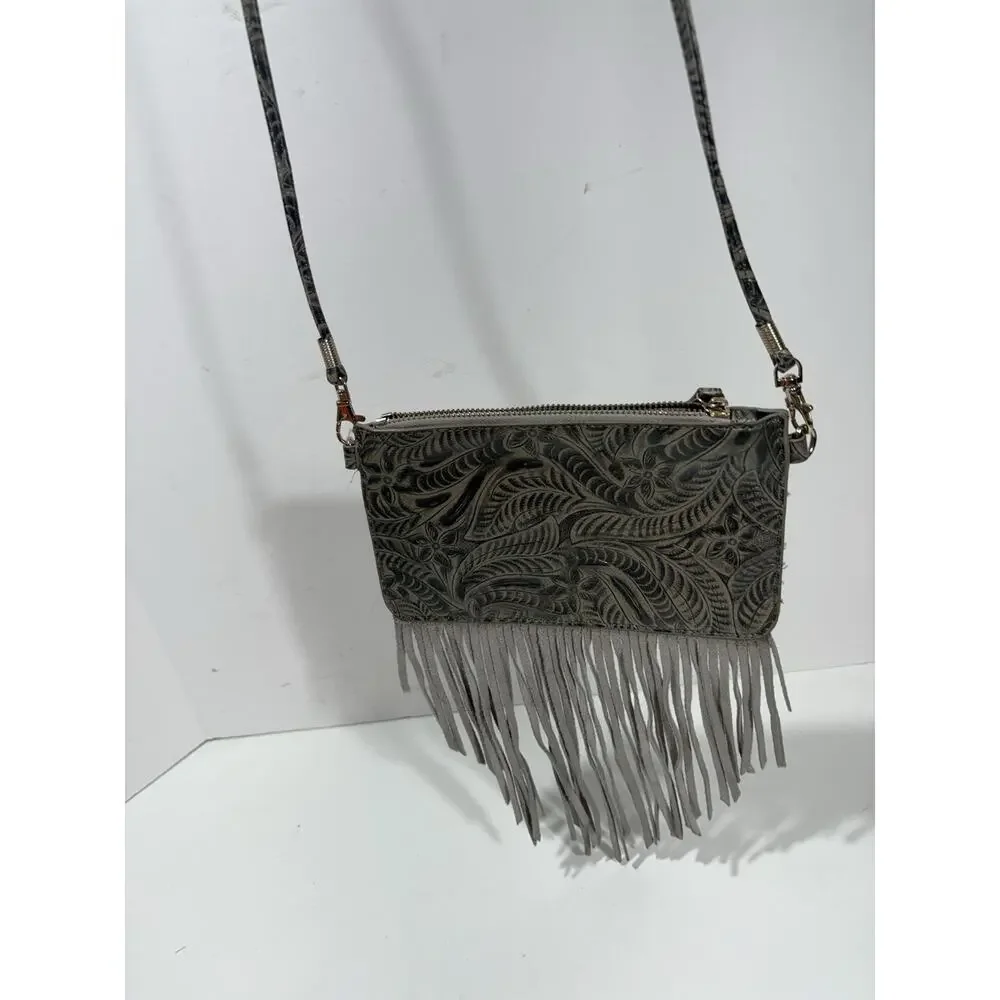 Free People Fringe‎ Boho Western CrossBody Embossed Leather Purse Bag Gray/black